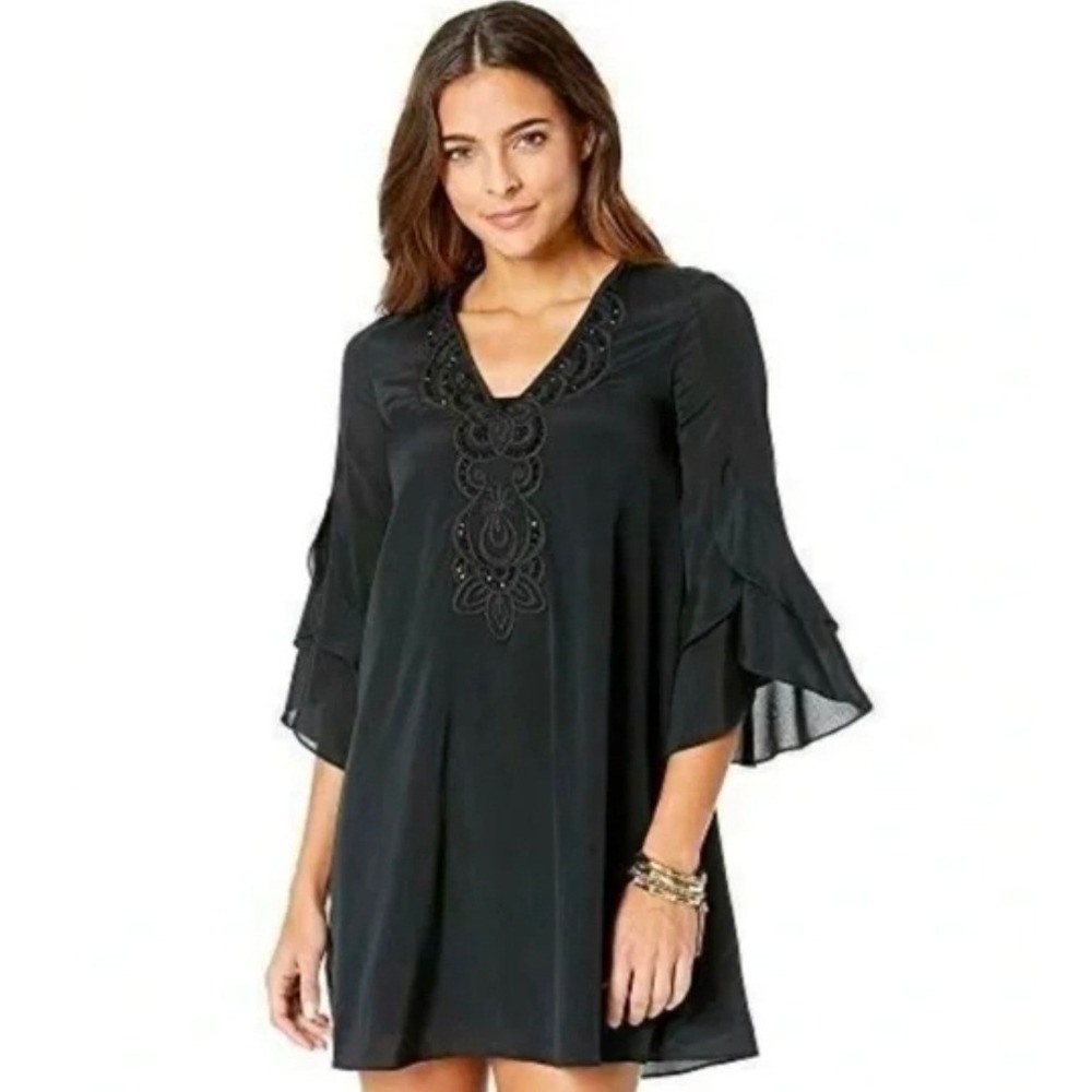 Lilly Pulitzer Tatiana Tunic Dress XXS Black Silk Beaded V-Neck Tiered Sleeve